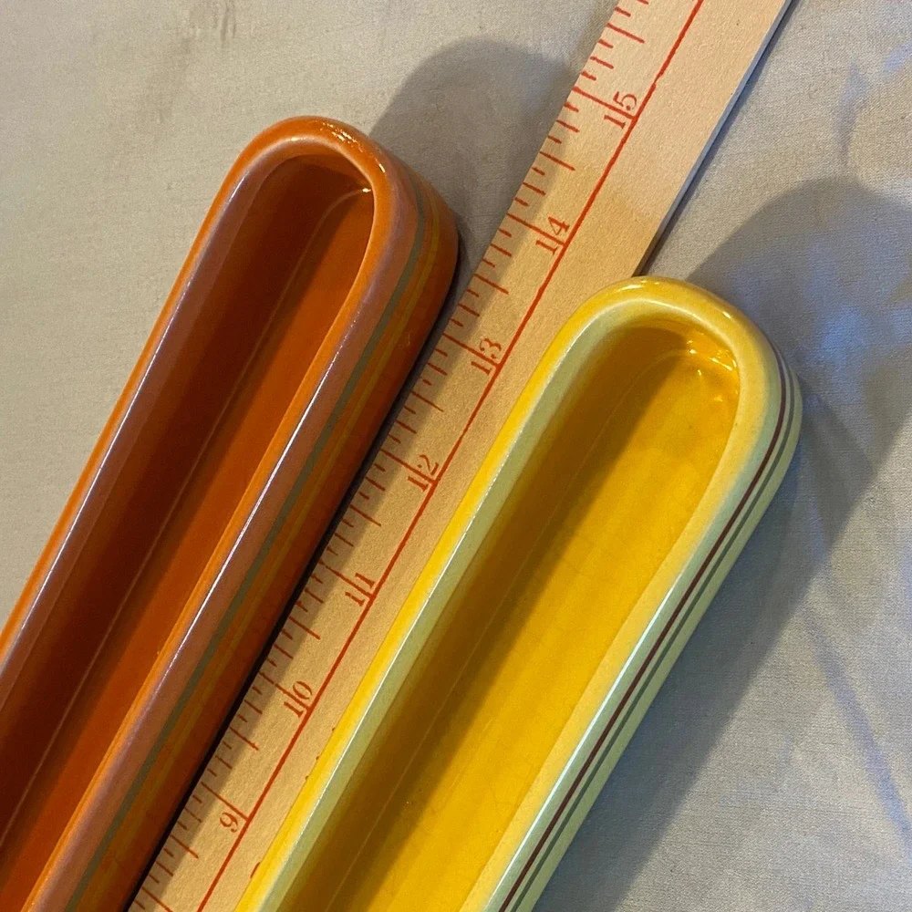 Set of 2‎ Ceramic Olive Serving Trays Yellow Orange Striped Rectangular Dishware